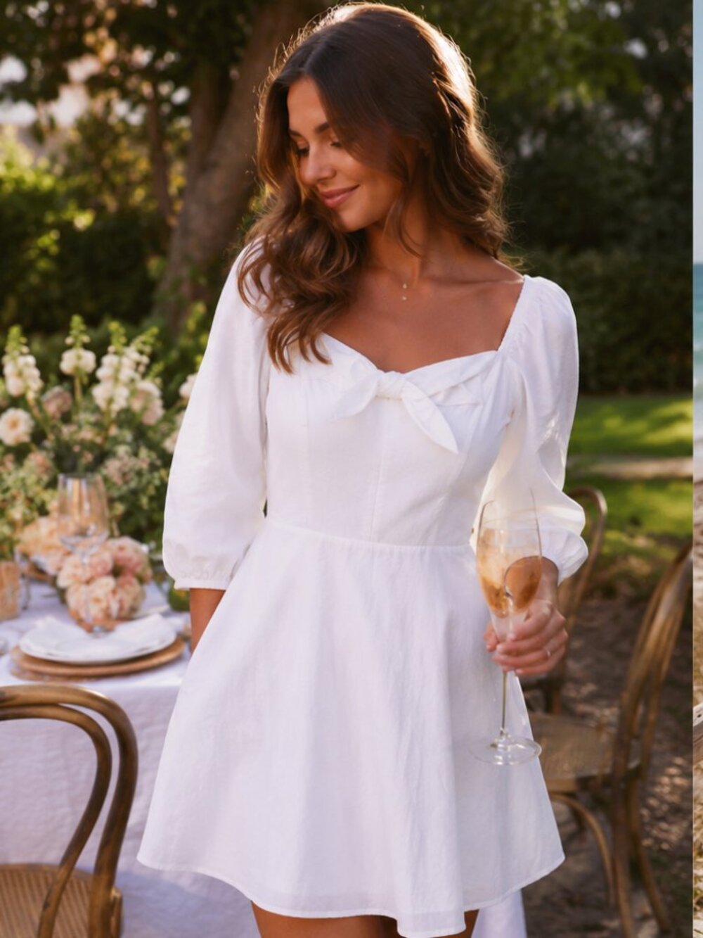 J.O.A. Newer Short White Summer Dress A Line 3/4 Puff Sleeves Smocked Back 6
